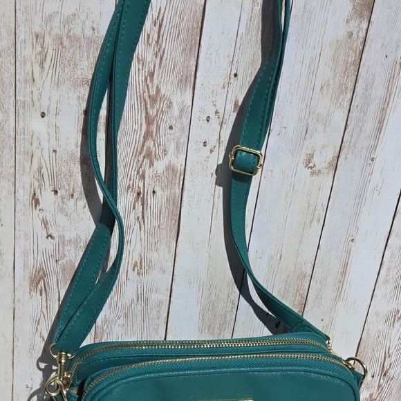 Green Crossbody Purse Teal Faux Leather Gold Hardware Double Zip Small Bag - Picture 2 of 16